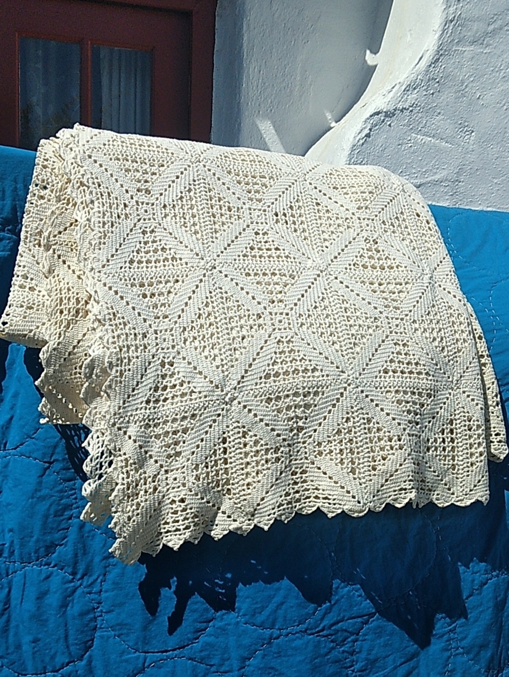 Handmade Crocheted Lace Throw Blanket - Cream